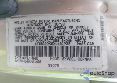 1999 Toyota Camry Le из США, поврежденный, VIN 4T1BG22K9XU431238